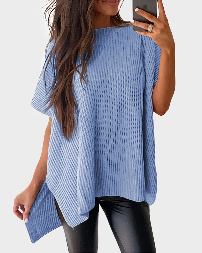 Summer Vibes Oversized Ribbed Crew Neck Knit Top with Side Slit