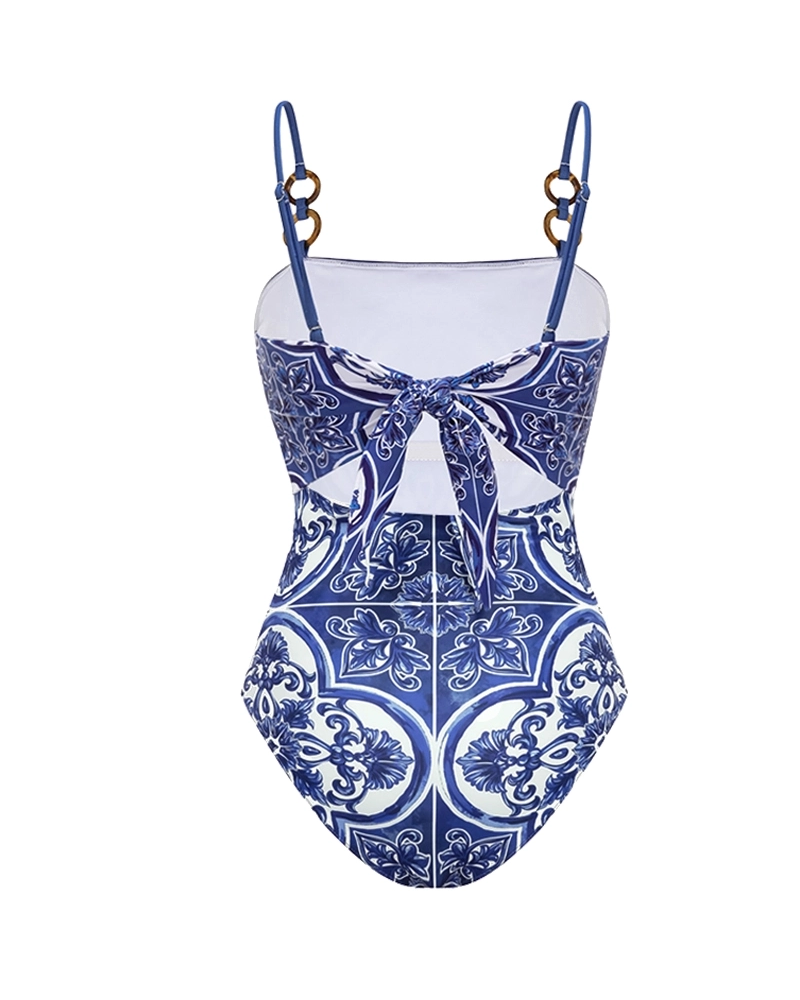 Sling Classic Majolica Series Pattern Print One Piece Swimsuit and Skirt or Shorts