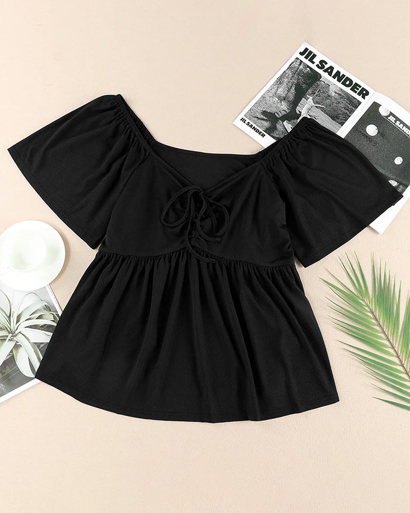 Plus Size Short Sleeve Sweetheart Neck Shirred Peplum Top Blouse