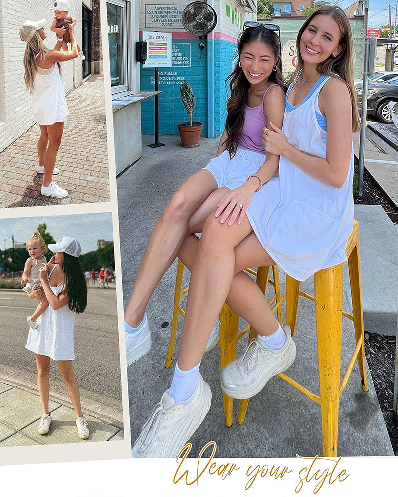 V Neck Spaghetti Strap Mini Dress Sleeveless Athletic Built in Shorts