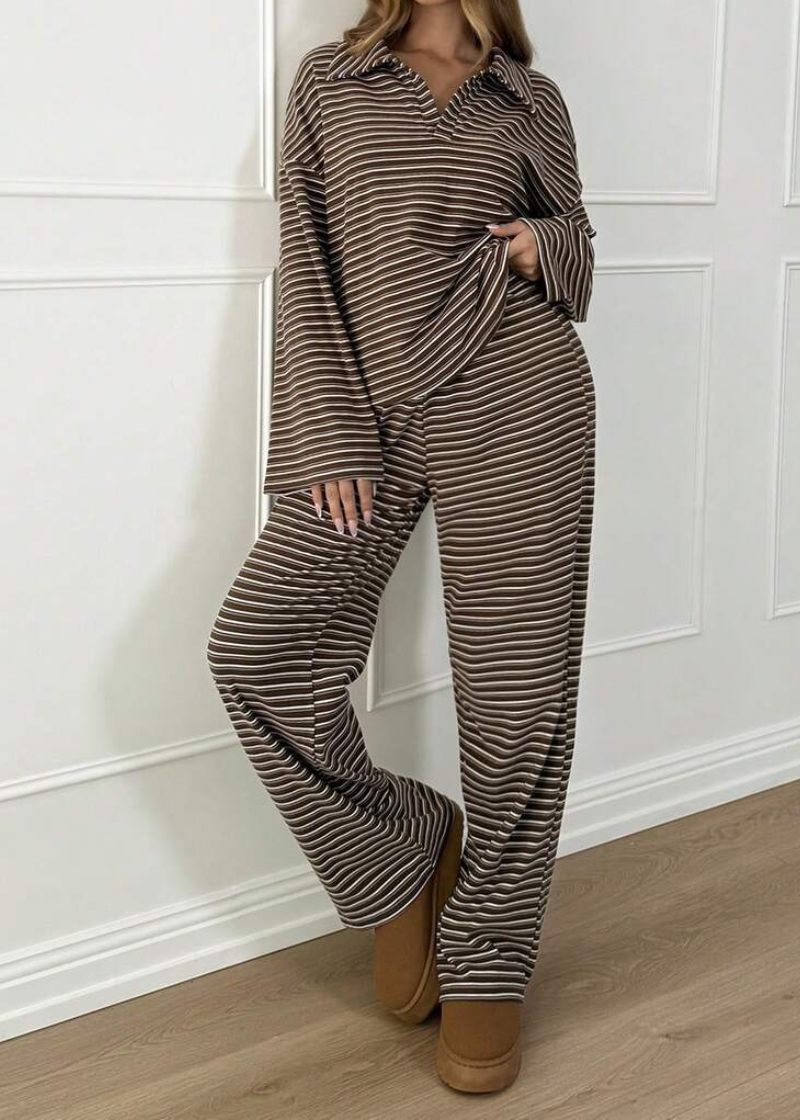 Striped Casual Pajama Set V Neck Drop Shoulder Tee & Elastic Pants Lounge Set