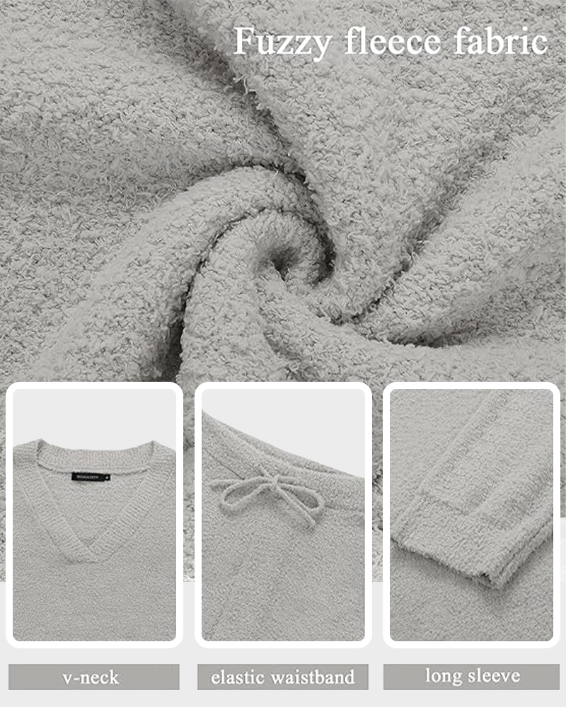 Soft Fuzzy V-Neck Sweater Pajama Set - 2-Piece Loungewear