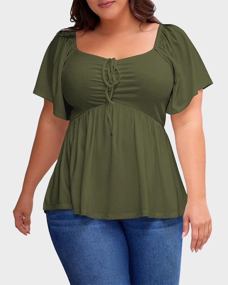 Plus Size Short Sleeve Sweetheart Neck Shirred Peplum Top Blouse