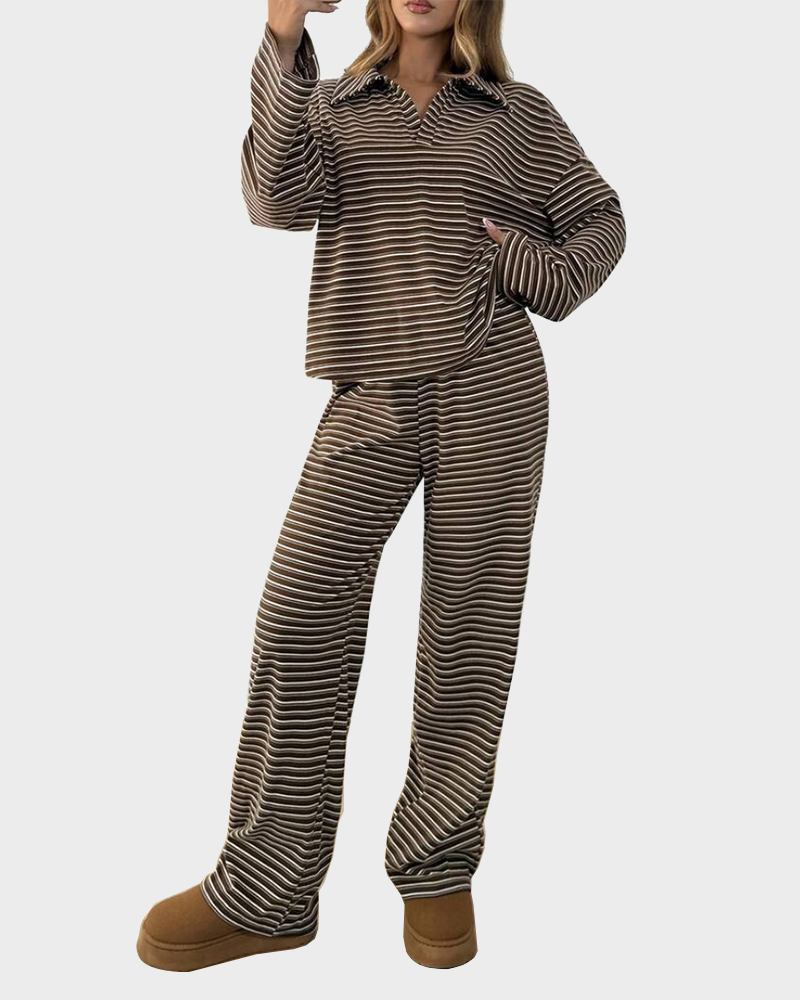 Striped Casual Pajama Set V Neck Drop Shoulder Tee & Elastic Pants Lounge Set
