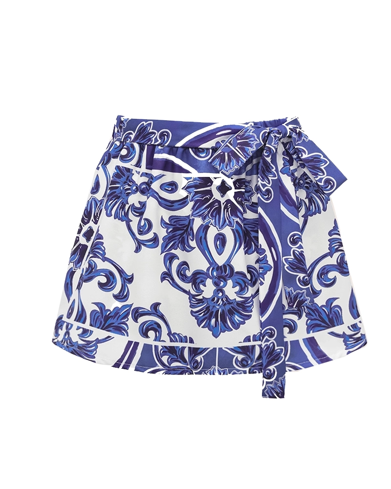 Sling Classic Majolica Series Pattern Print One Piece Swimsuit and Skirt or Shorts