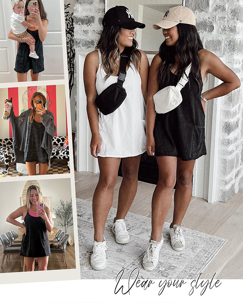 V Neck Spaghetti Strap Mini Dress Sleeveless Athletic Built in Shorts