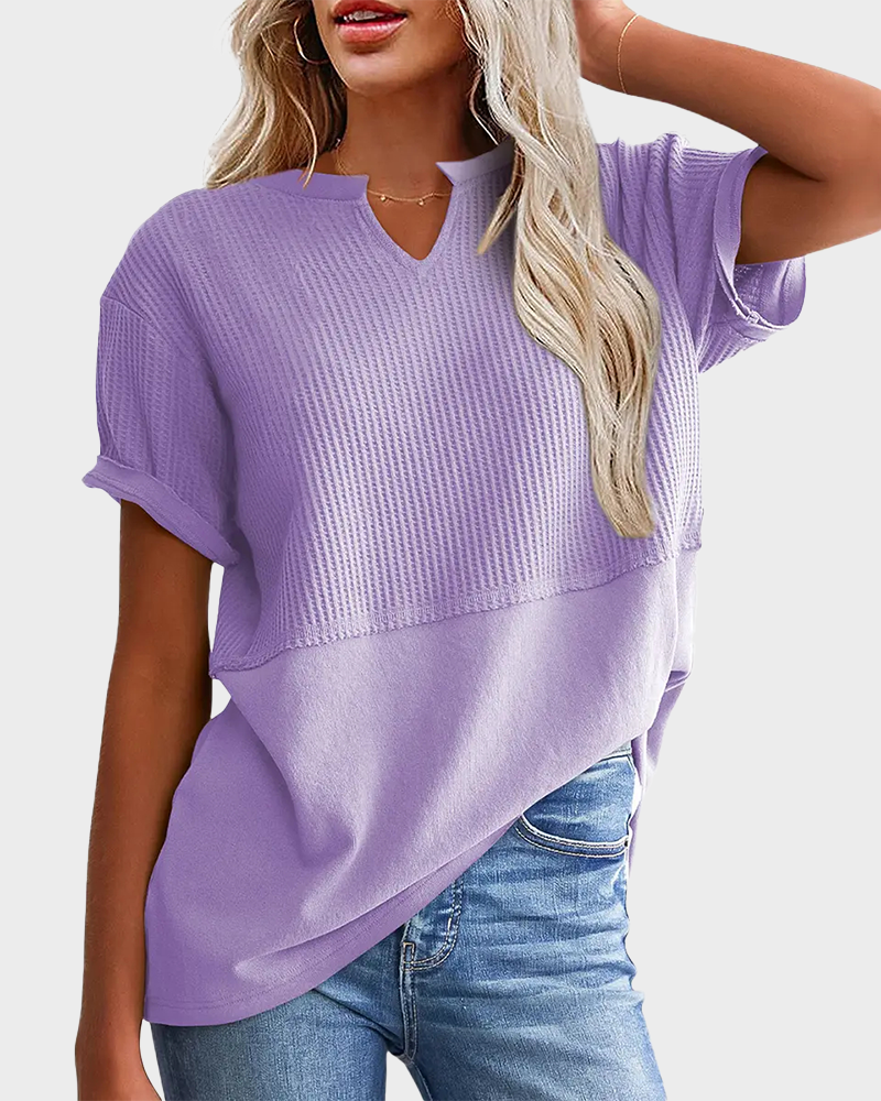Lightweight Waffle Knit V Neck Short Sleeve Loose Fit Summer Top