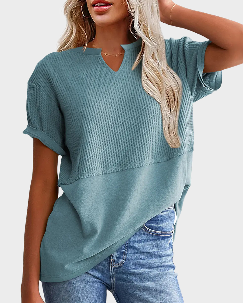 Lightweight Waffle Knit V Neck Short Sleeve Loose Fit Summer Top
