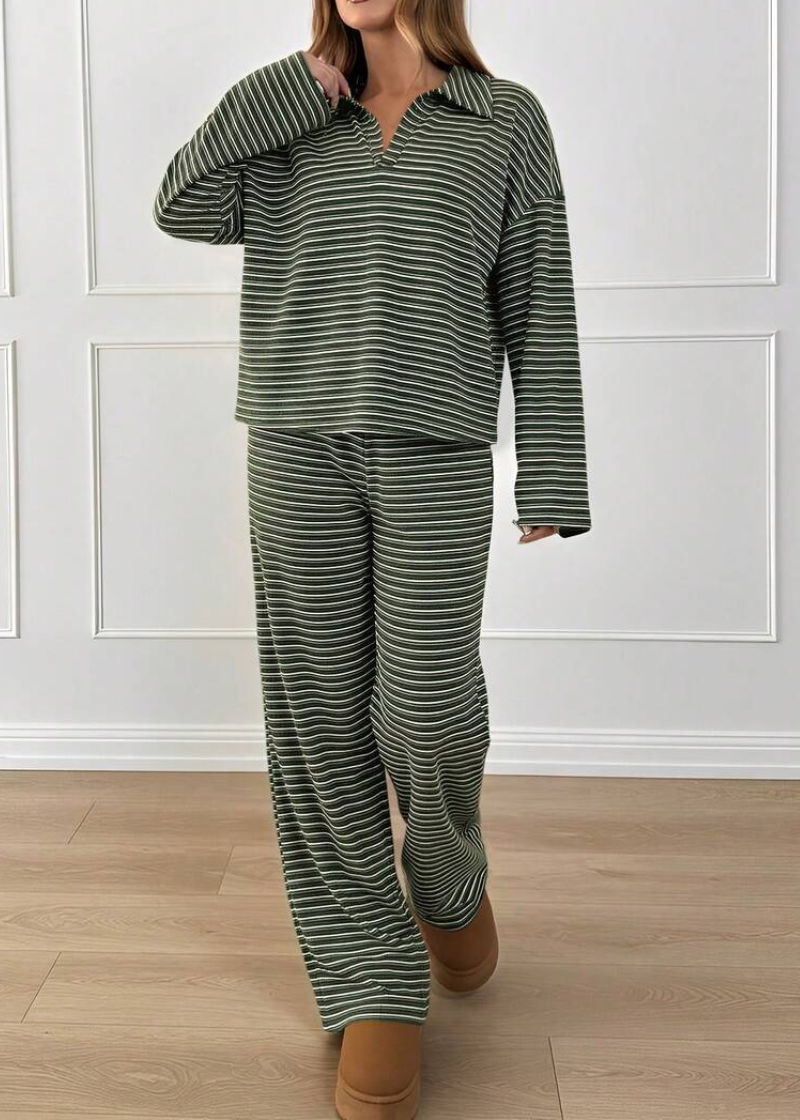Striped Casual Pajama Set V Neck Drop Shoulder Tee & Elastic Pants Lounge Set