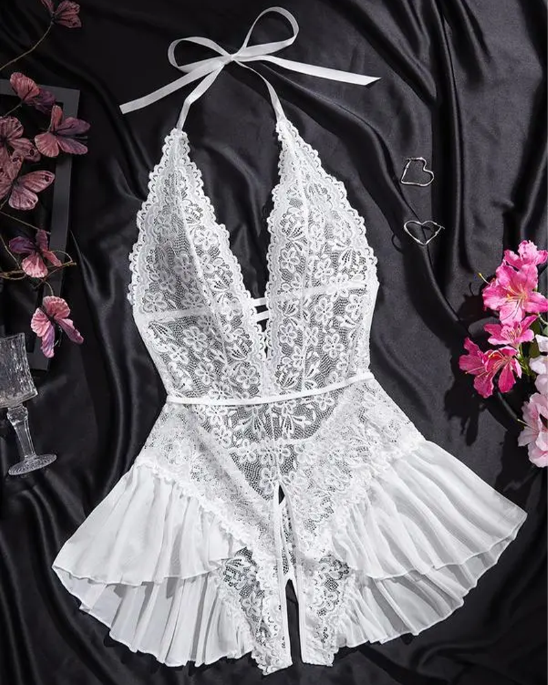 Women's Sexy Deep V-Neck Soft & Stretchy Lace Floral Teddy Bodysuit