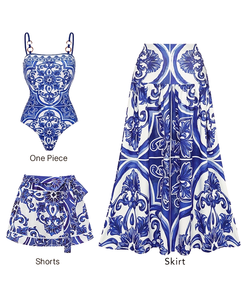 Sling Classic Majolica Series Pattern Print One Piece Swimsuit and Skirt or Shorts