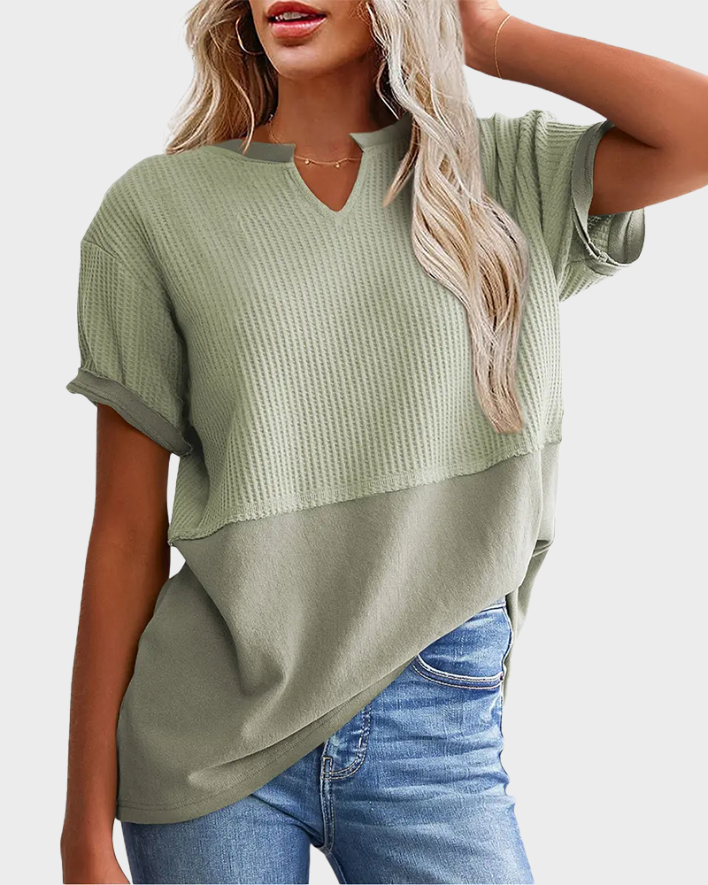 Lightweight Waffle Knit V Neck Short Sleeve Loose Fit Summer Top