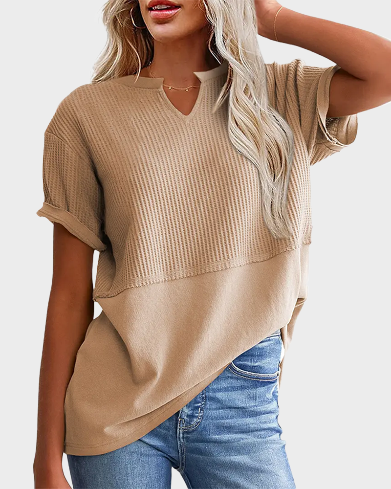 Waffle Knit V Neck Short Sleeve Tunic Soft Solid Minimalist Basic Plus Size Daily Top