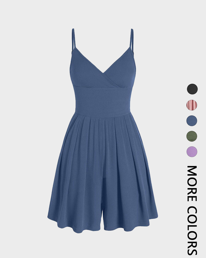 Women's Knitted Backless Cami Romper Adjustable Spaghetti Strap Wide Leg