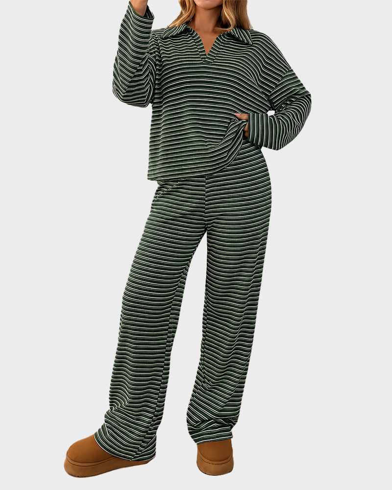 Striped Casual Pajama Set V Neck Drop Shoulder Tee & Elastic Pants Lounge Set