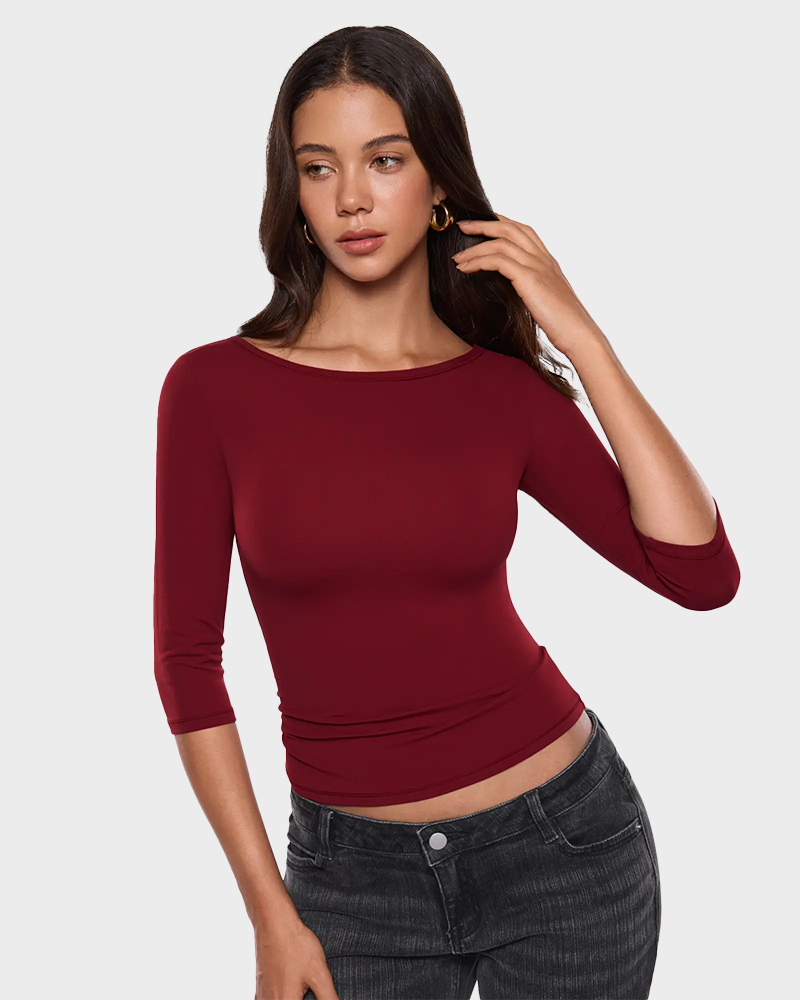Basic 3/4 Sleeve Crew Neck Slim Fitted Single Layer Going Out Tee Top