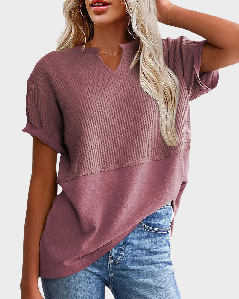Lightweight Waffle Knit V Neck Short Sleeve Loose Fit Summer Top