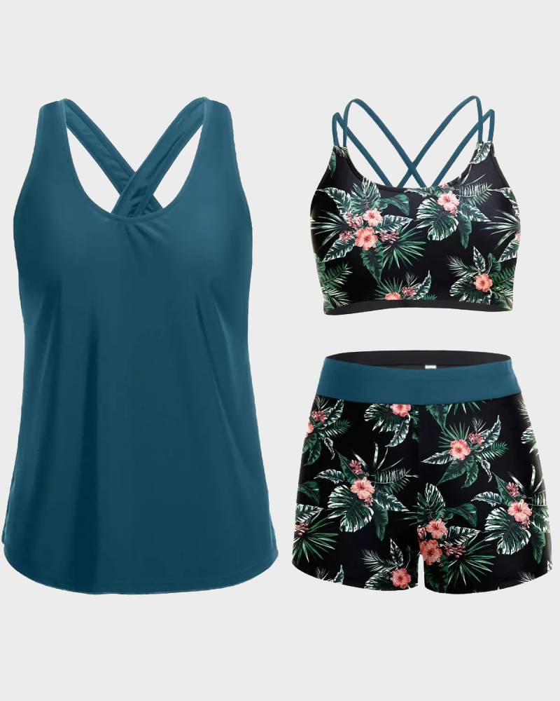 Women's 3 Piece Tankini Set with Bra Top & Boy Shorts