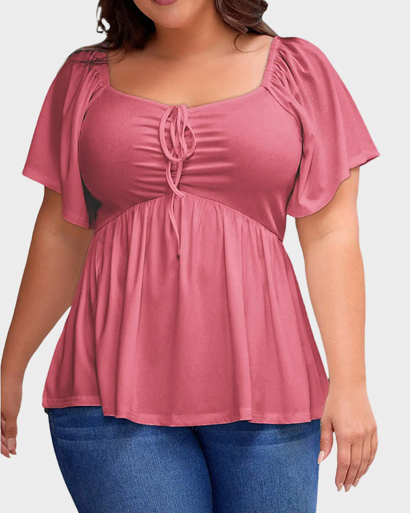 Plus Size Short Sleeve Sweetheart Neck Shirred Peplum Top Blouse