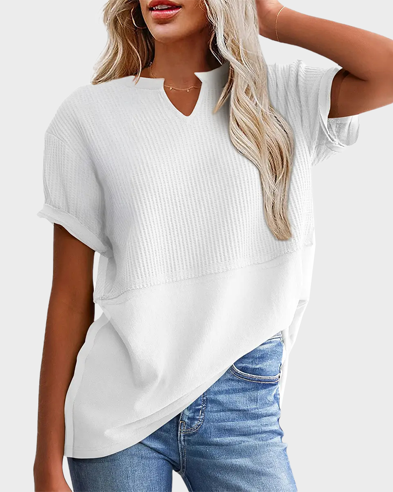 Lightweight Waffle Knit V Neck Short Sleeve Loose Fit Summer Top