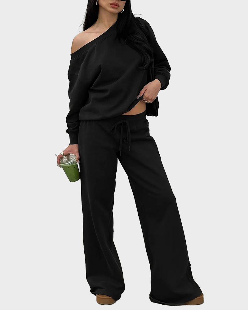 Women's Off Shoulder Long Sleeve Jumper & Pants Casual Fall Basic Sweatsuit 2 Piece Set