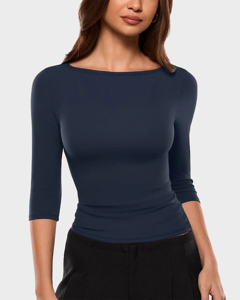 Basic 3/4 Sleeve Crew Neck Slim Fitted Single Layer Going Out Tee Top