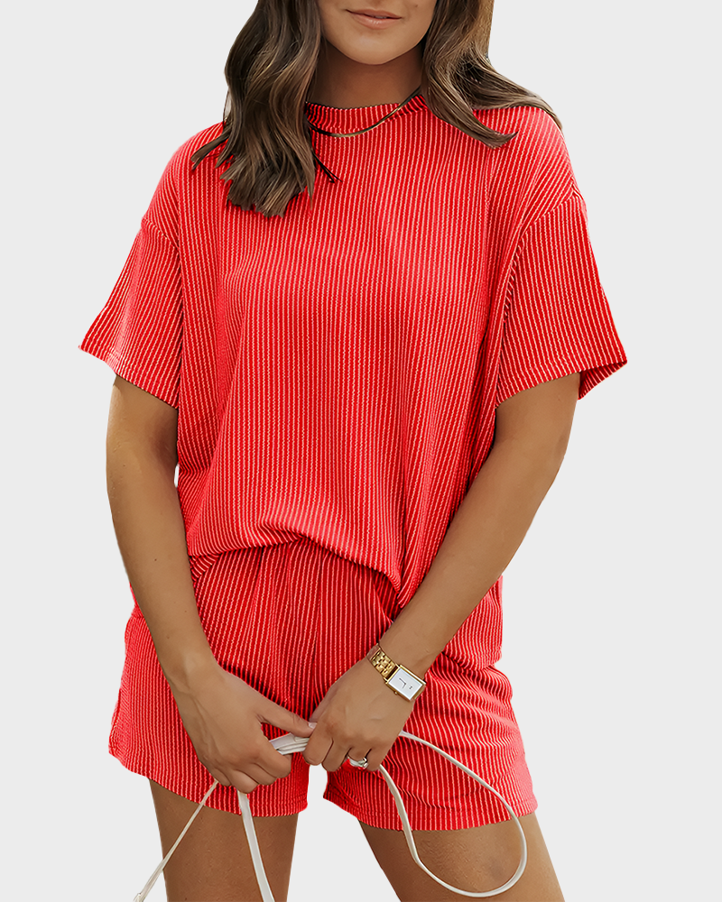 Twisted Short Sleeve Shirt & Shorts Set with Pockets Ribbed Lounge Pajama Set