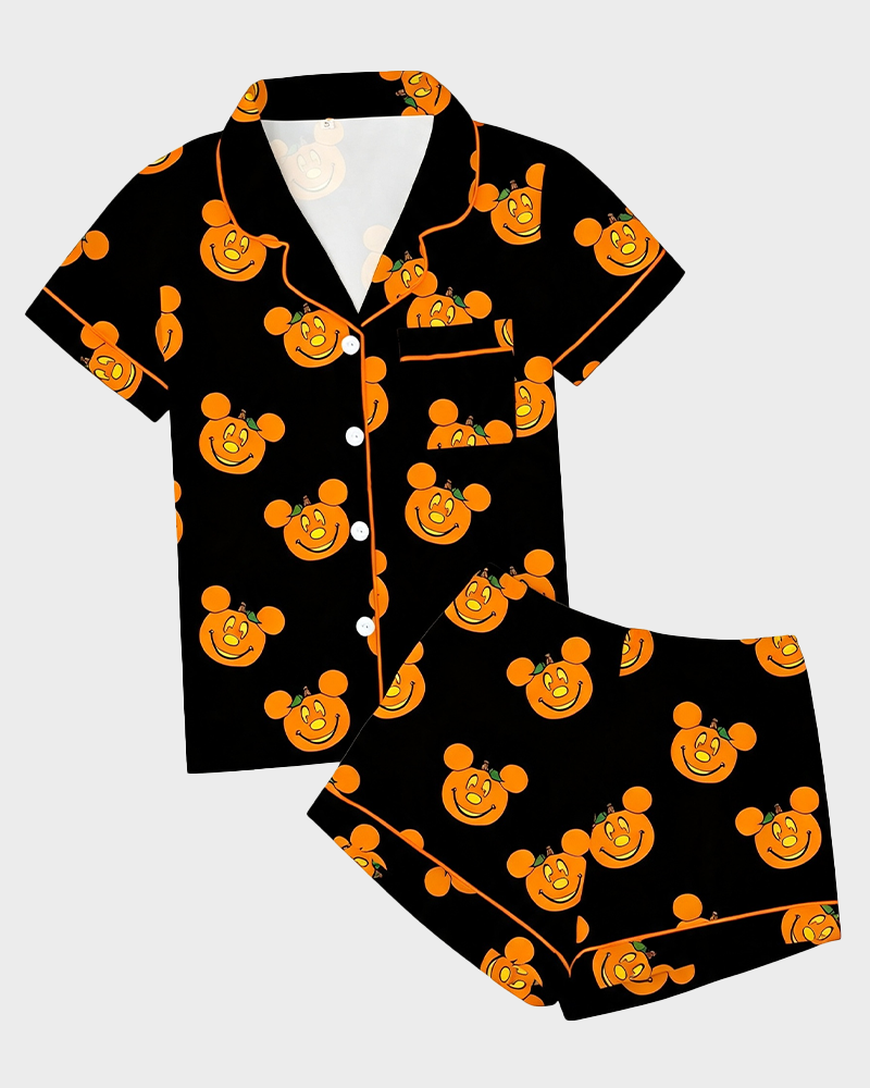 Women's 2 Piece Halloween Cartoon Pajama Set Cute Funny Short Sleeve Sleepwear