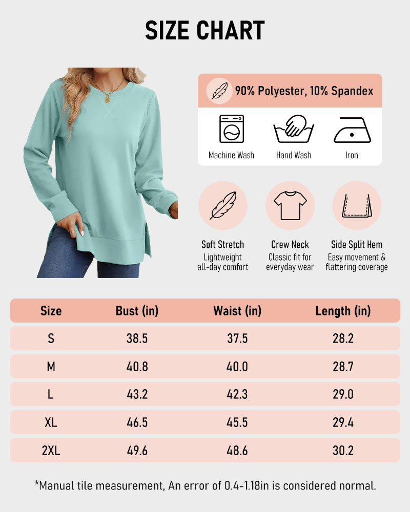 Long Sleeve Crewneck Soft Stretchy Side Split Loose Fit Fall Sweatshirt