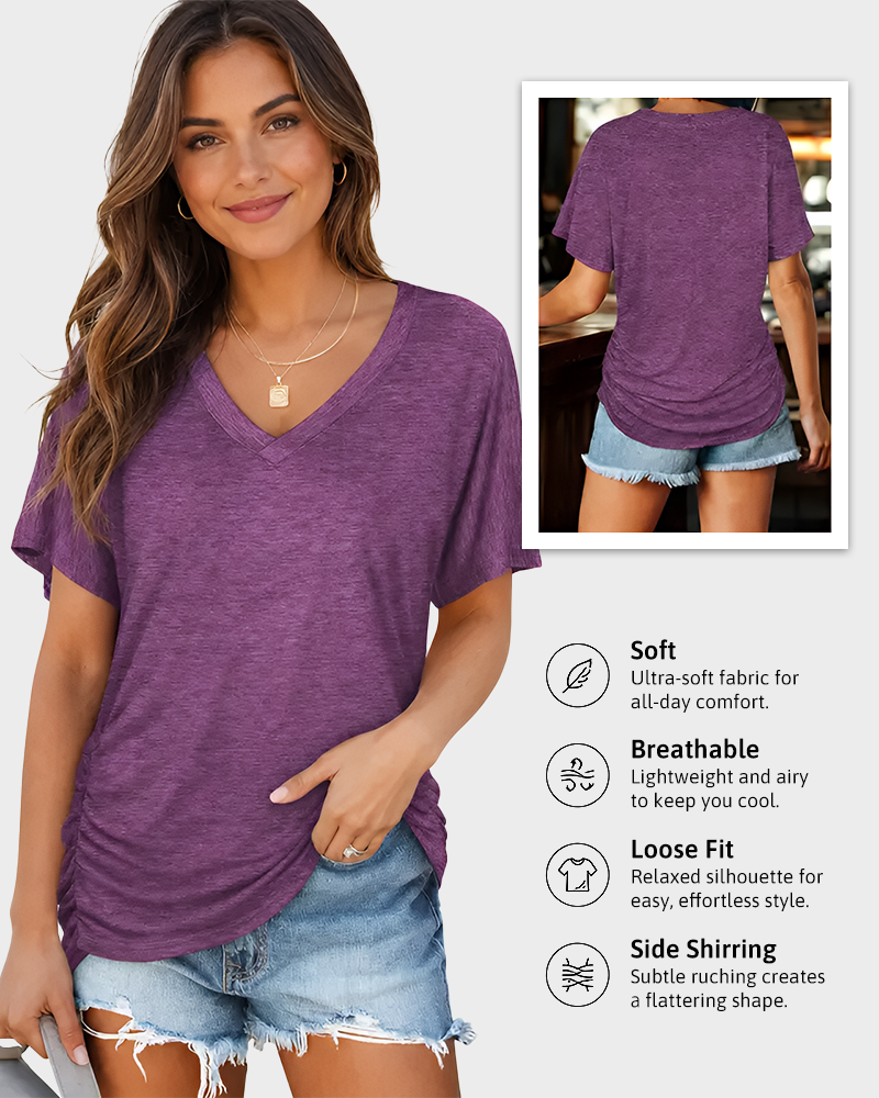 Soft V-Neck Dolman Loose Fit T-Shirt with Side Ruching