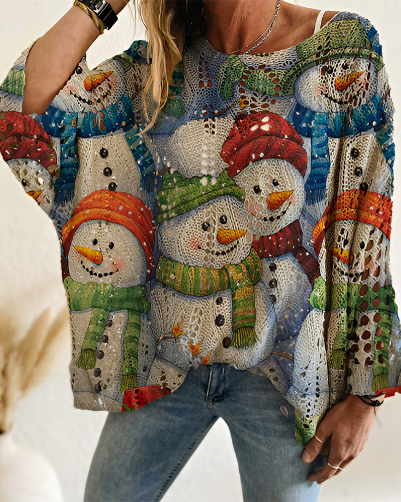 Christmas Women's Knit All Over Print Batwing Sleeves Loose Elegant Top