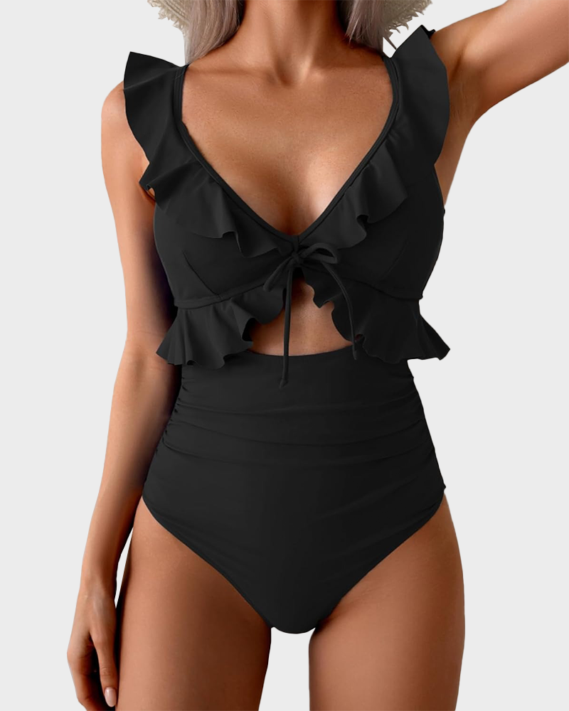 Women’s Tummy Control One Piece – Ruffle V Neck Ruched Slimming Swimsuit