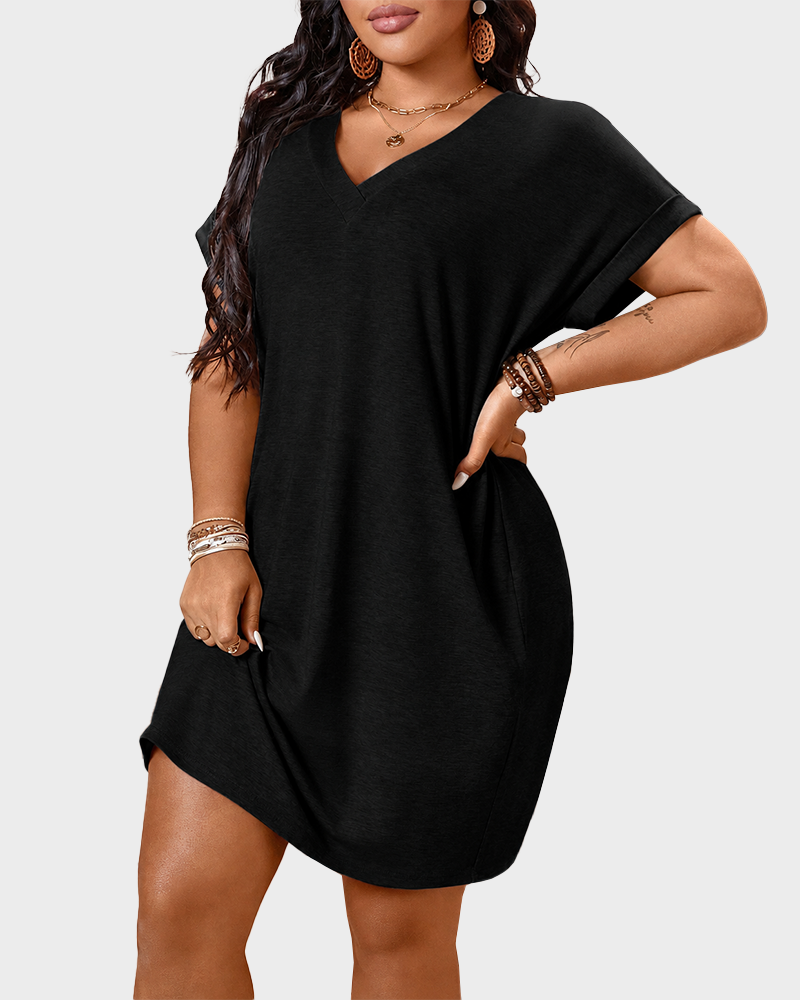 Plus Size Women's Loose V Neck Batwing Sleeve T Shirt Dress
