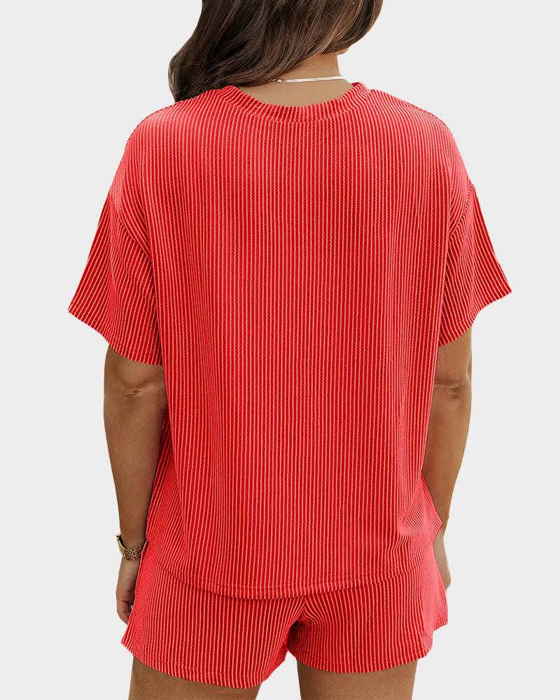 Twisted Short Sleeve Shirt & Shorts Set with Pockets Ribbed Lounge Pajama Set