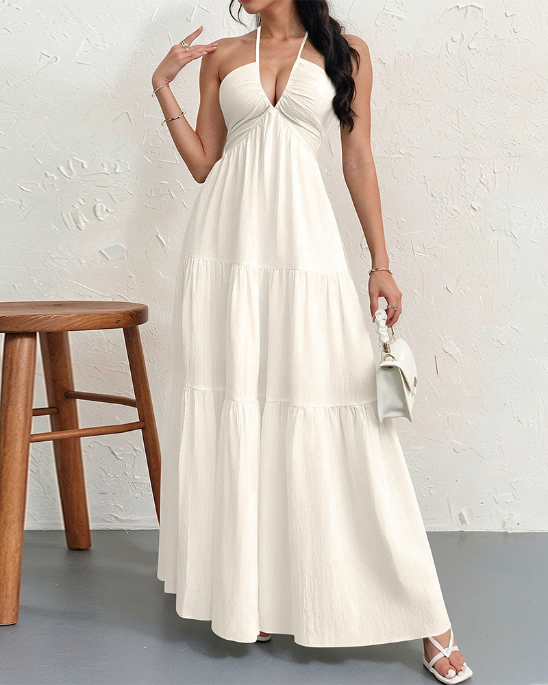 Women's Halter Deep V Neck Tie Knot Backless Maxi Dress – A-Line Flowy Ruffle