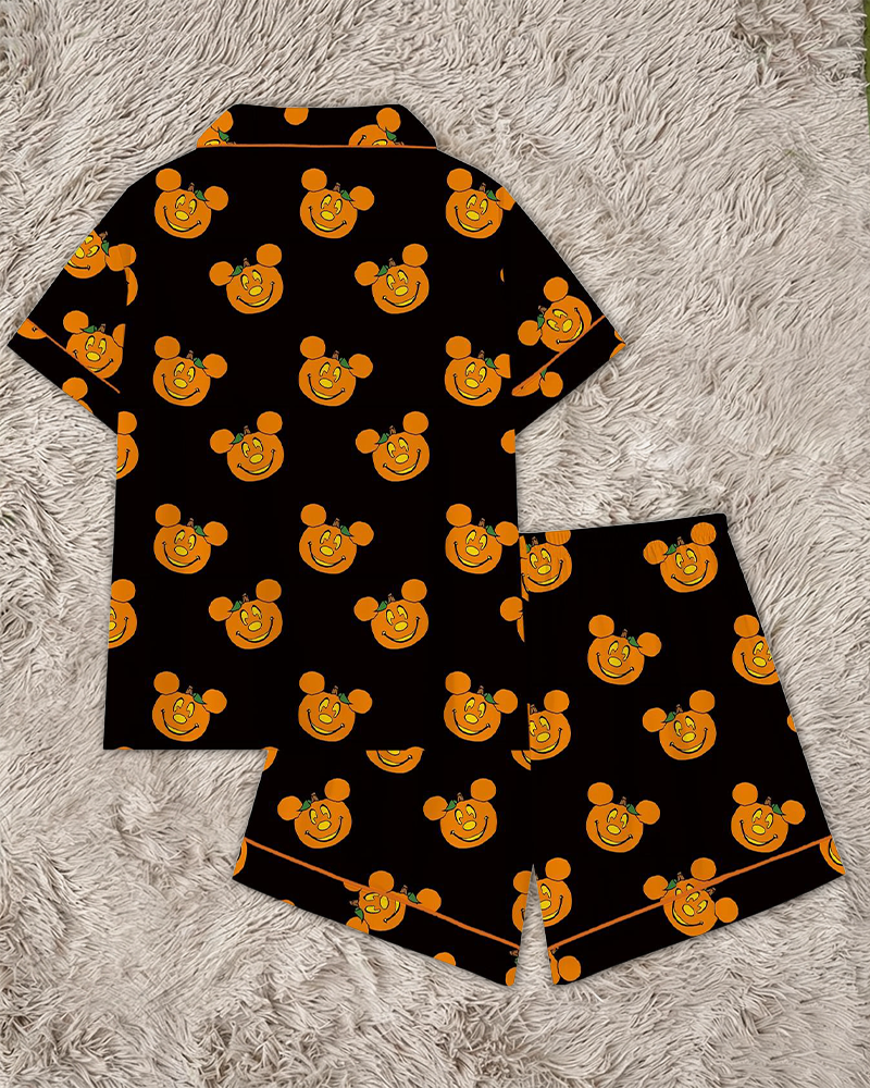 Women's 2 Piece Halloween Cartoon Pajama Set Cute Funny Short Sleeve Sleepwear