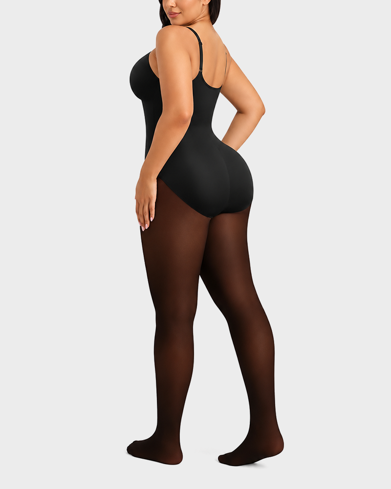 Sheer Panel Fleece Lined Tights Warm Tummy Control Bodysuit