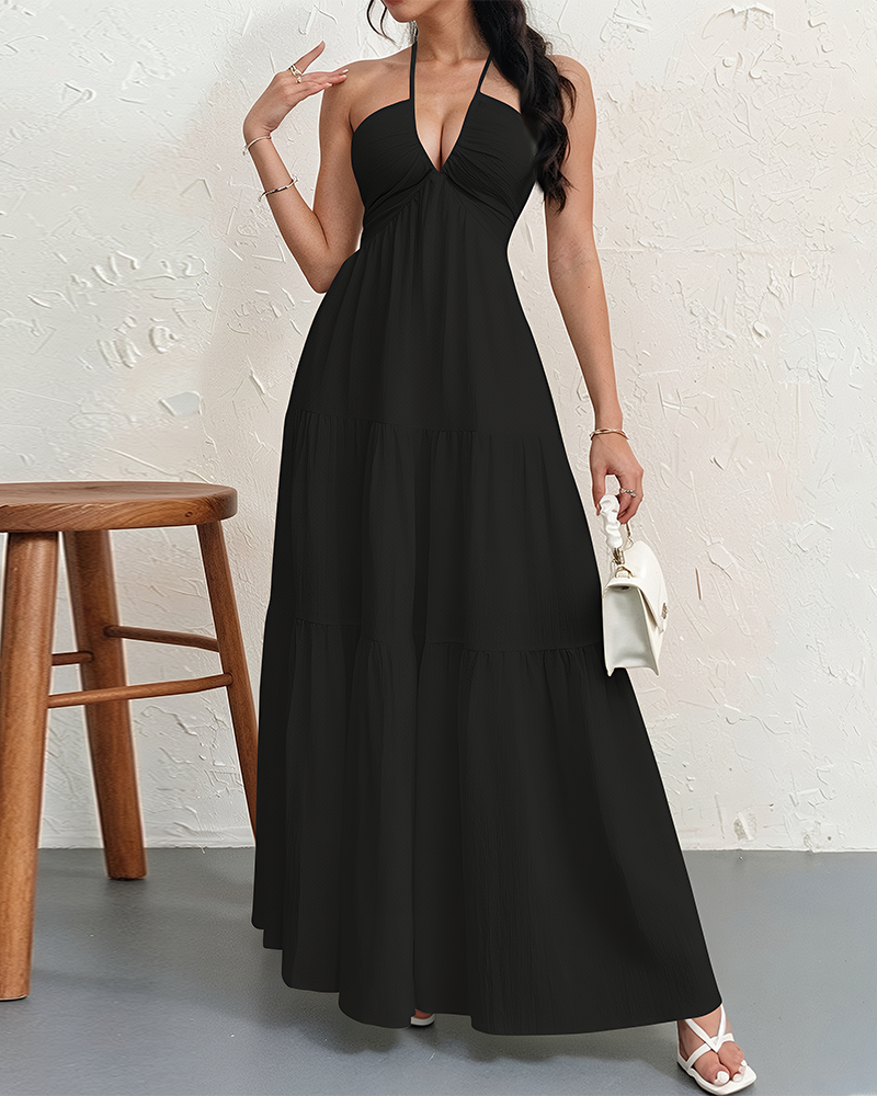 Women's Halter Deep V Neck Tie Knot Backless Maxi Dress – A-Line Flowy Ruffle