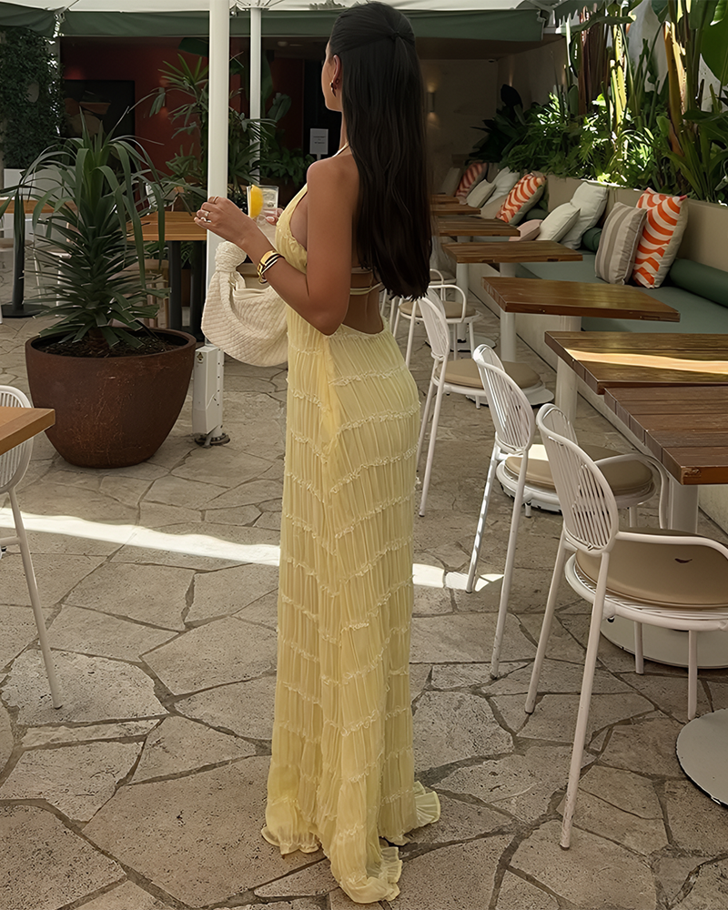 Women's Solid Ruched Bodycon Sleeveless Backless Long Dress
