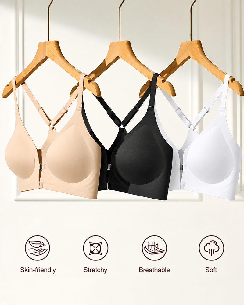 Womens Front Closure Elastic Bralette Easy On Off Light Support Deep V Bra