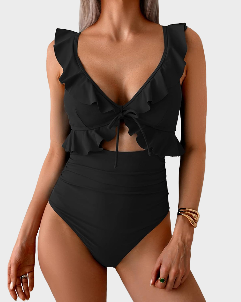 Women’s Tummy Control One Piece – Ruffle V Neck Ruched Slimming Swimsuit