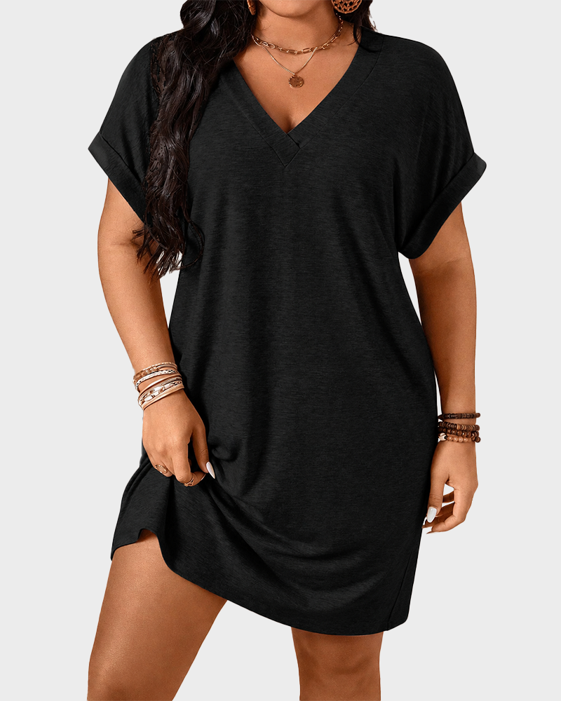 Plus Size Women's Loose V Neck Batwing Sleeve T Shirt Dress