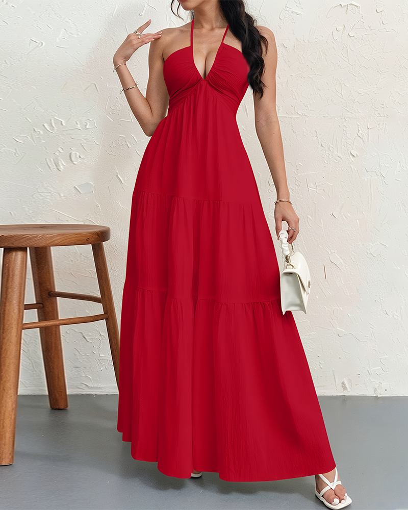 Women's Halter Deep V Neck Tie Knot Backless Maxi Dress – A-Line Flowy Ruffle
