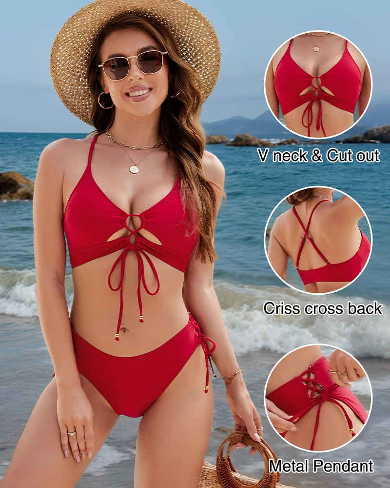 Women's Curvy Cutout Two Piece Bikini Set – String Tie Side Swimsuit