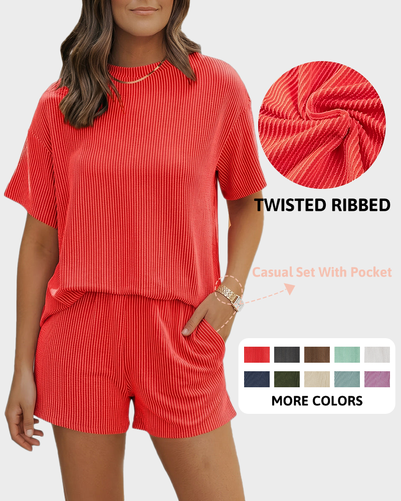Twisted Short Sleeve Shirt & Shorts Set with Pockets Ribbed Lounge Pajama Set