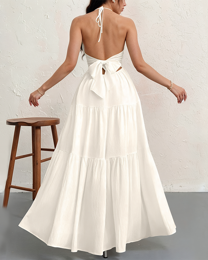 Women's Halter Deep V Neck Tie Knot Backless Maxi Dress – A-Line Flowy Ruffle