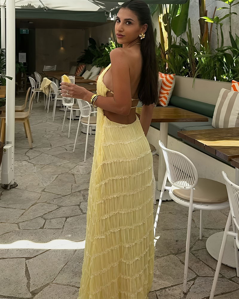 Women's Solid Ruched Bodycon Sleeveless Backless Long Dress