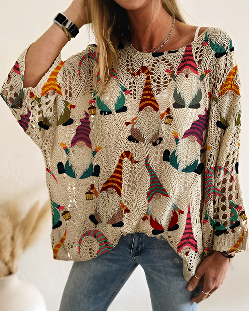 Christmas Women's Knit All Over Print Batwing Sleeves Loose Elegant Top