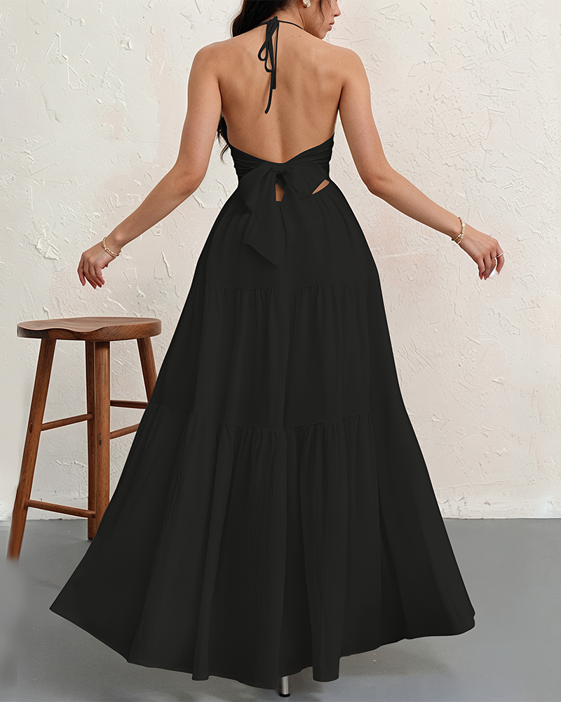 Women's Halter Deep V Neck Tie Knot Backless Maxi Dress – A-Line Flowy Ruffle