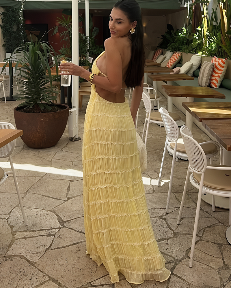 Women's Solid Ruched Bodycon Sleeveless Backless Long Dress